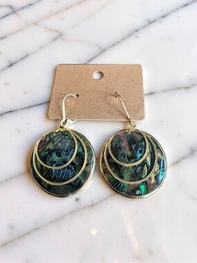 Gold-Trim Blue Abalone Disc Drop Earrings